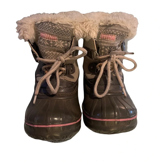 London Fog winter boots girls gray with/pink trim with faux fur lining size 12 - Picture 1 of 7
